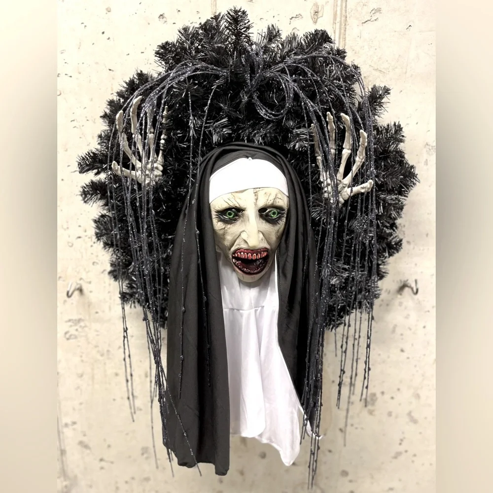 New Horror Bloody Nun Wreath Skeleton Hands Black Wreath Scary Demonic Halloween